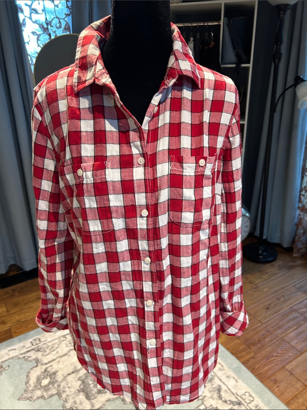 St. John's Bay Red and White Checked Button-Down Shirt